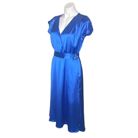 Tahari ASL NWT Blue Satin Midi Dress, Flutter Sleeves Belted Women's Size 8 - Picture 9 of 13
